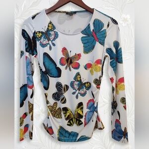 Carlisle Butterfly Print Ruched Long Sleeve Top - Size S - Vibrant